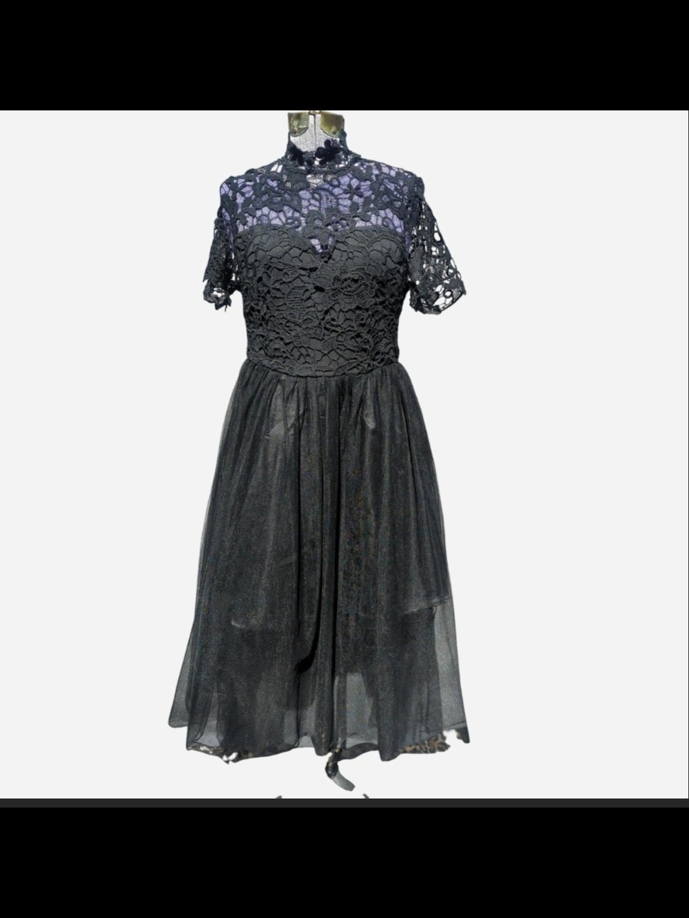 Black Lace & Chiffon Midi Dress with High Neck